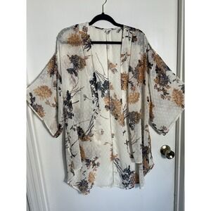 Maurices White Floral Kimono Shawl Sheer Swiss Dot Crochet Trim Bohemian Top